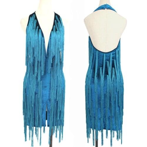 Latin Dance Dress Sexy Tassels Lake Blue Fringe Dress Rumba Samba Cha-Cha Dancing Clothes Performance Dress Women Girls BL4521