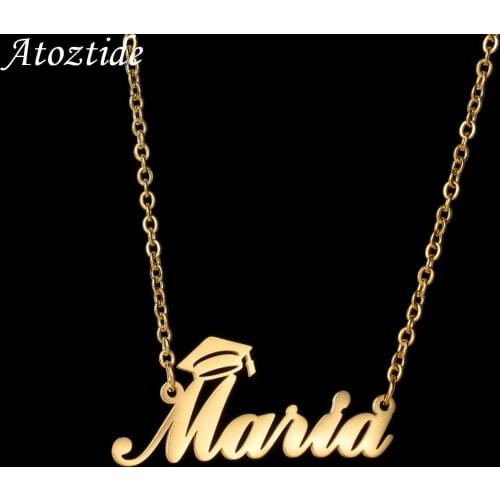 Custom Name Bachelor Cap Shape Necklace Stainless Steel Nameplate Pendants 3 Colors Letter for Women Graduation Jewelry Gift