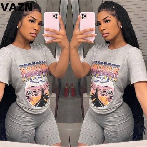 VAZN 2020 Holiday Age reduction Gray Color Clothes Outfit Two Pieces Set Cartoon Print Short Sleeve Top with Short Pant Sets