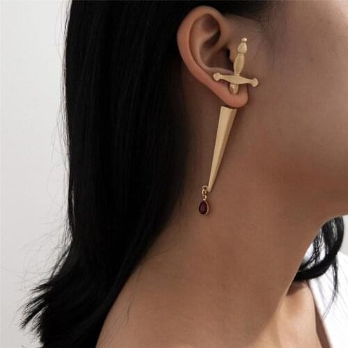 Retro Gold Bar Long Sword Hilt Earrings Ladies Glossy Curved Geometry Chinese Style Niche Design Fashion Jewelry Pendant