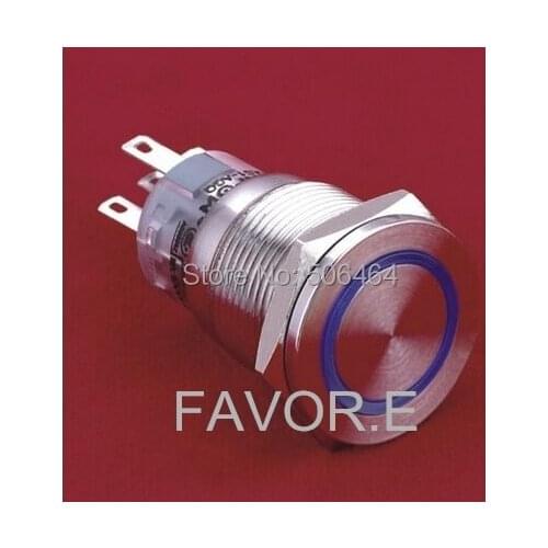 * LED Stainless steel 19mm IP67 5A/250VAC 1NO 1NC ring illuminated Momentary metal Push Button Switch ultra-flat