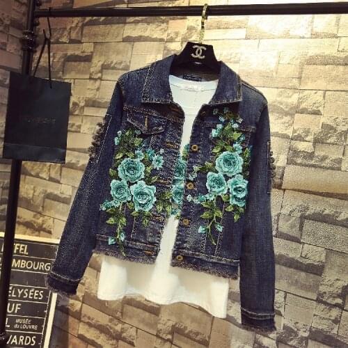 2021 Spring Autumn Jacket Women Denim Embroidery Rose Floral Beading Pearl Sequin Patch Epaulet Ripped Hole Bomber Denim Jacket