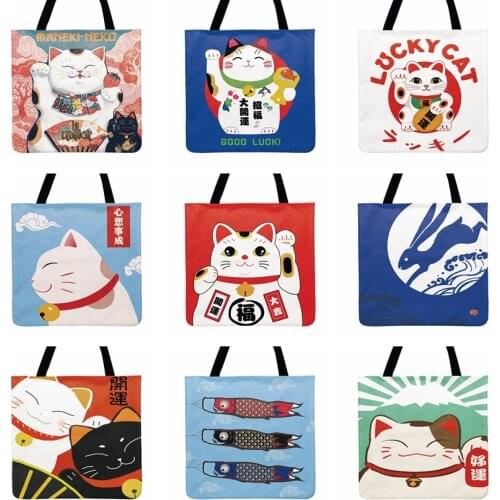 Ladies Shoulder Bag Japanese Style Beckoning Cat Printed Tote Bag Linen Febric Casual Tote Shopping Bag Reusable Beach Bag