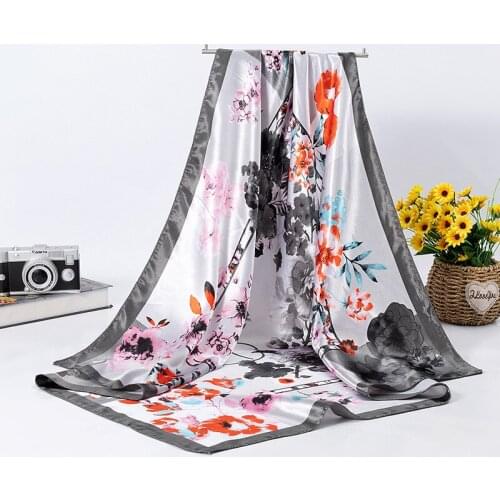 Woman Floral Muslim Hijabs 35" Ladies Satin Square Silk Like Hair Scarves and Wraps Headscarf for Sleeping