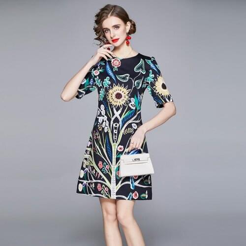 New 2021 Summer Womens Fashion Mini Dress Runway Short Sleeve Beading Floral Print Elegant Vintage A-Line Short Dresses