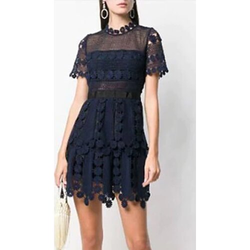 Floral Crochet Summer Lace Dress Women O-Neck Short Sleeve High Waist Mini Dress Hollow Out Party Dress Navy Blue Runway C772