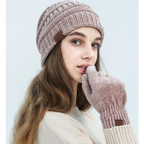 Winter Beaine Hat Glove set For Women Chenille Kitted Winter Hats Set Thicken Solid Pink Hats For Girls Thicken Beanies caps