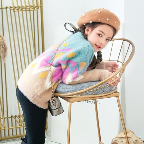 Girls 4-14 Y Winter Turtleneck Long Sleeve Pullover Sweaters Fashion Geometric Wave Pattern Knitting Warm Underwear Sweaters