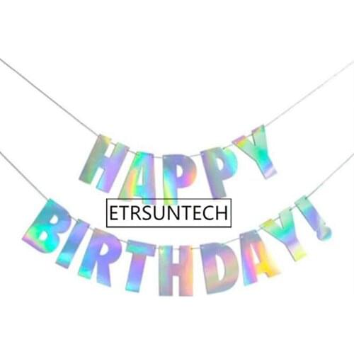 100sets Holographic Film Happy Birthday Banner Rainbow Iridescent Film Alphabet Banner for Kids Birthday Party Supplies