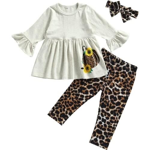 OPPERIAYA Kids Baby Girls 3PCS Fall Cotton Halloween Outfits Long Sleeve Ruffle Pumpkin Tops Leopard Pants Headband Casual Set