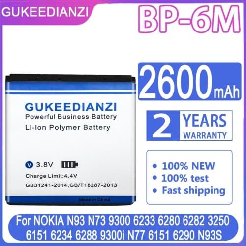 GUKEEDIANZI Battery BP-6M 2600mAh for Nokia N73 N77 N93 N93S 3250 6151 6233 6234 6280 6288 6290 9300I 9300 BP6M + Power Bank