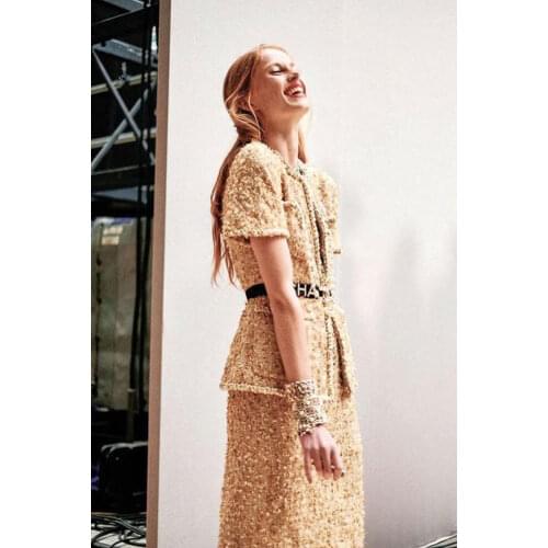 Handmade Shiny Golden Lurex Sequin Fringed Zip-Up Tweed Jacket/Mini Skirt Set Short Sleeve Four Pocket Applique Tailored Unifom