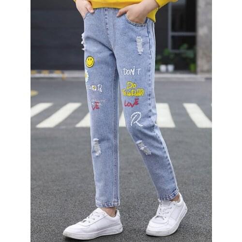 Children Ripped Graffiti Jeans Girls Spring Autumn Kid Jeans Casual Style Children Clothing Kids Teenage Childrens Jeans Pants