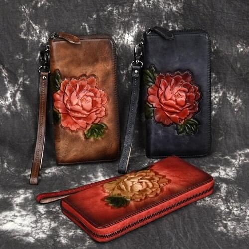 Hot sale genuine leather gorgeous peony flower pattern women wallet casual purse vintage style high quality wallets clutch bag
