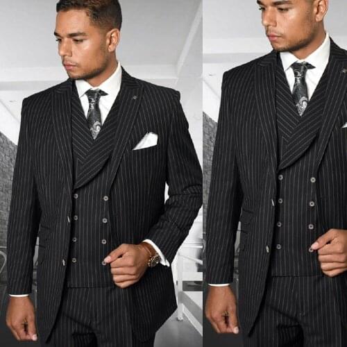 Handsome Mens Stripe Tuxedos Pants Suits Casual 3 Pieces Business Formal Wedding Grooms Party Custom Made Vintage Blazer