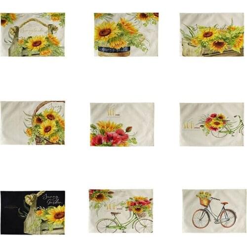 Thanksgiving yellow sunflowers Kitchen Placemat Coaster Dining Table Mats Cotton Linen Pad Bowl Cup Mat 42*32cm Home DecorCD03