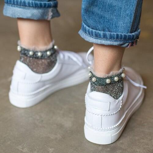 Summer Fashion Female Socks Womens Silver Silk Pearl Socks Ladies Crystal Calcetines Crystal Short Socks Thin Crystal Sock