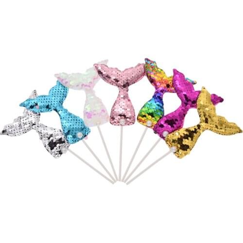 Lychee Life 7pcs/Lot Sequins Mermaid Cake Toppers Baby Birthday Wedding Party Cupcake Insert Card Decoration