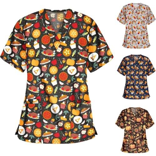 Uniforme Enfermera Navidad Women Short Sleeve V-neck Tops Working Uniform Xmas Thanksgiving Overalls Blouse Nurse Accessories q5