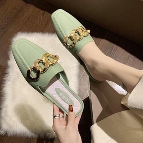 Fashion Women Mules Slipper Slip-On Low-Heeled Square Toe Party Shoes Sandals Wearing Square and Half Slippers Womens Sandals