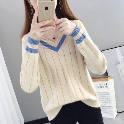 Autumn And Winter 2020 Womens New V-neck Sweater Fashion Loose Color Matching Long Sleeve Female Knitted Bottoming Shirt Ladies