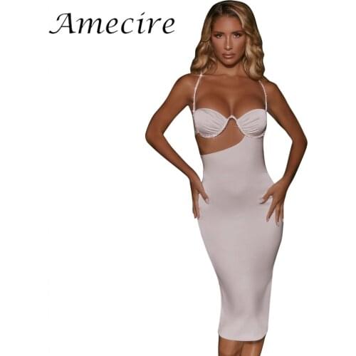 Amecire Diamond Underwire Double Layered Midi Ladies Dress Hollow Out Spaghetti Strap Outfits Clothes Sexy Women Part Dresses