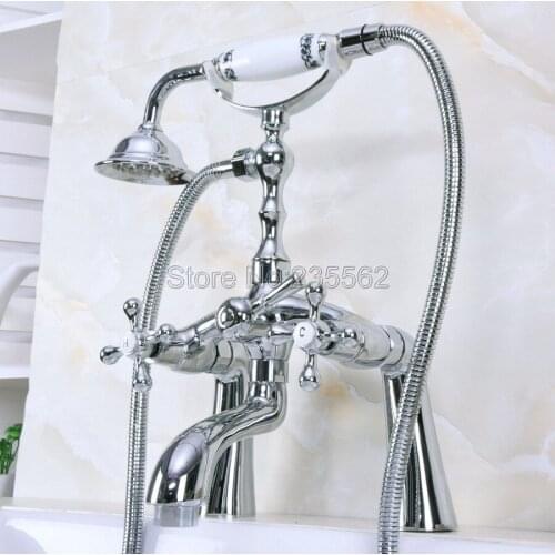 Chrome Bathroom Clawfoot Tub Faucet Mixer Tap w/ Handshower Cross Handles - Deck Mount na122