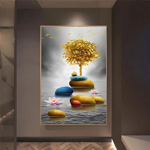 Poster HD Print Canvas Gold Stone Golden Tree Landscape Painting Luxury Art Living Room Decoration Home Furnishings (Frameless)
