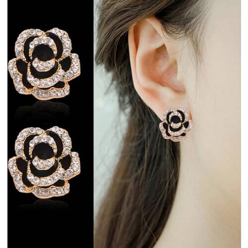 Famous Brand Flower Rhinestone Earring Luxury Boucles Jewelry Black Camellia Earrings Women Fancy