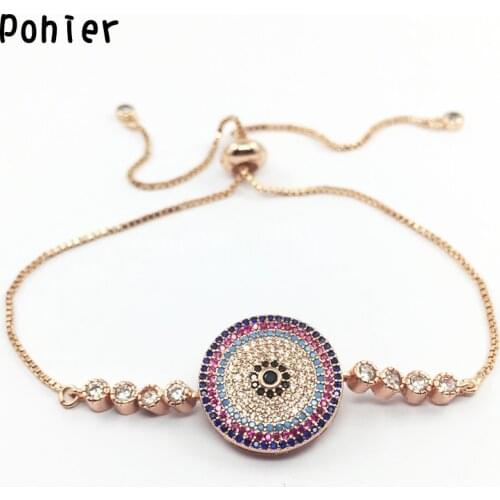 Rose Gold color Round Evil Eye Hamsa Fatima Hand Charms for Women Adjustable Colorful Mico Pave Bracelets CZ jewelry
