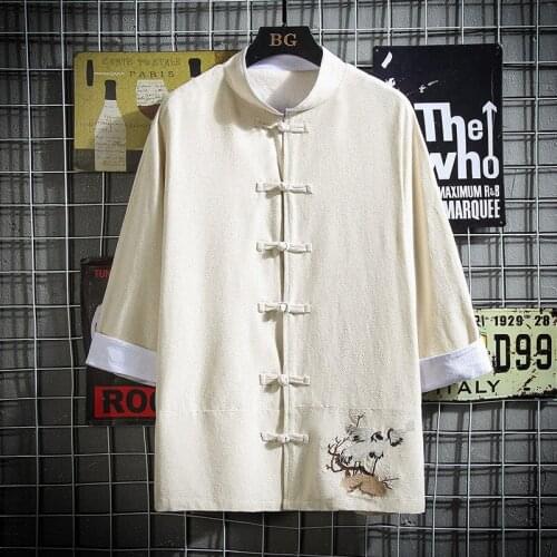 #8125 Summer White Red Black Cotton Linen Shirts Men Three Quarter Sleeve Embroidery Crane Casual Vintage Mens Casual Shirts 5XL