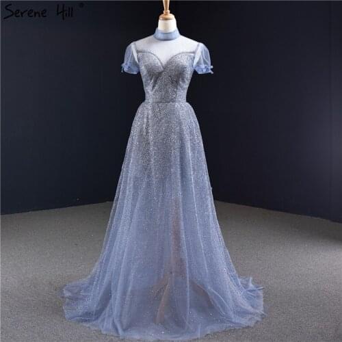 Light Blue A-Line Sparkle Sexy Prom Dresses 2020 High Collar Short Sleeves Beading Prom Gown Serene Hill HM67007