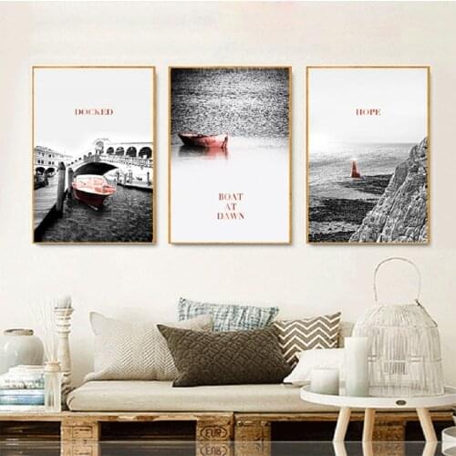 Nordic Pink Boat Wall Art Prints and Posters Black and White Seascape Canvas Paintings Wall Art Prints Living Room Home Decor