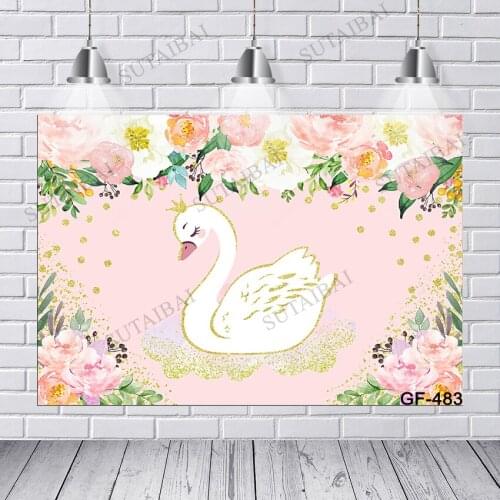 Sutaibai Swan Pink Background Happy Birthday Baby Shower Newborn Welcome Party Backdrops Photo Booth for Baby Photocall Decor