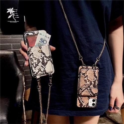 Crossbody Snakeskin Texture Wallet Phone Case For Huawei P30 P40 Pro Mate 30 Pro Shoulder Bag Card Pocket Necklace Chain Cover