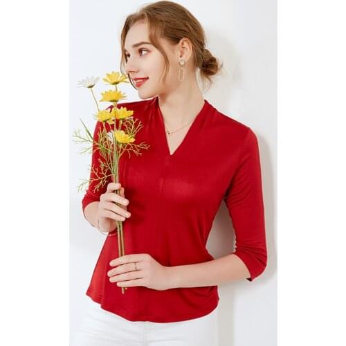Real Silk Womens T-shirt Solid Color Double Side Mulberry Silk Knitted V-neck With Three Quarter Sleeve length