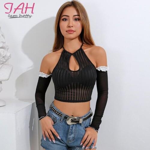 IAMHOTTY Off Shoulder See Through Mesh Shirt Hollow Out Halter Ruffles Transparent Top Backless Fishnet Sexy Club Womens Tshirts