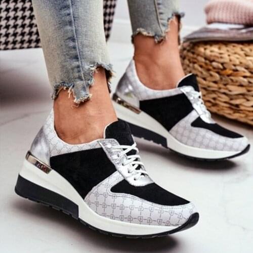 Women Wedge Sneakers Lace Up Patchwork Platform Casual Vulcanized Sports Shoes Korean womens snake-print single shoes