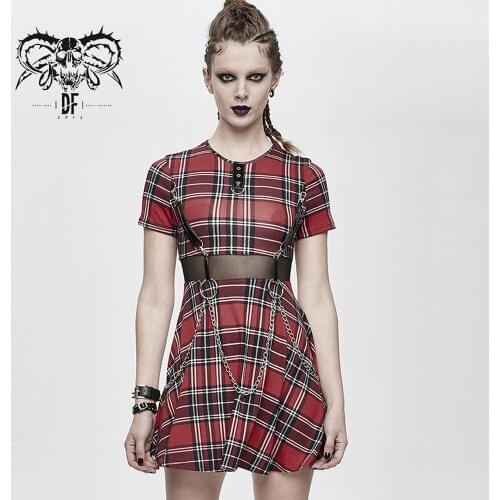 Devil Fashion Womens Punk Plaid Short Dress with Belt Daily Removable Chain Short Sleeve Mini Dress