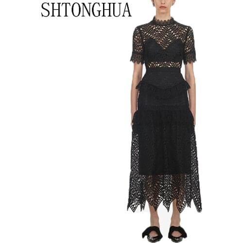 SHTONGHUA Self-Portrait Long Lace Women Dress Runway Spring Summer Ruffles Short Sleeve Patchwork Dress Vintage Hollow Out Dress