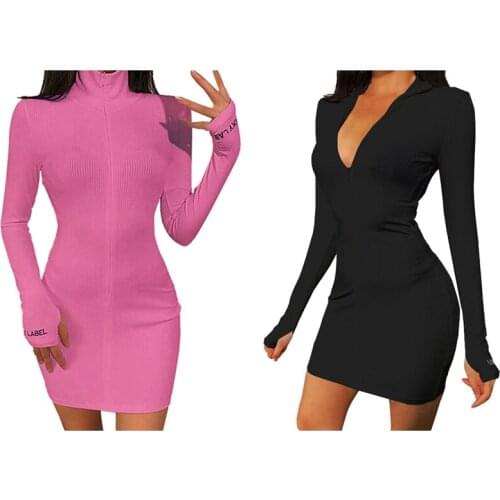 2 Pcs Zipper V Neck Dress Women Casual Embroidery Lucky Label Long Sleeve Knit Rib Bodycon Women Dress L Pink & Black