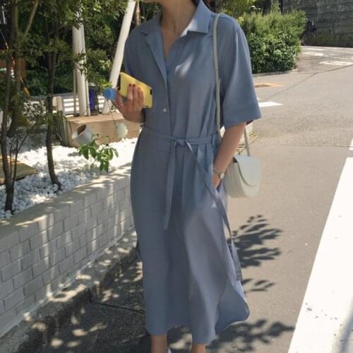 2021 New Women Summer Retro Long Chiffon Shirt Dress Sashes Lapel Collar Split Hem Vintage Maxi Sundress