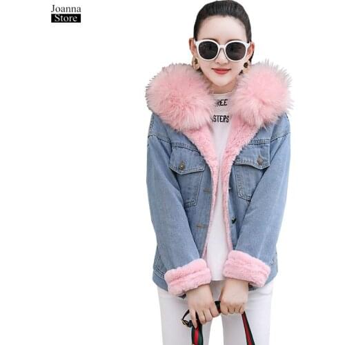 Winter Denim Jacket Women Plus Velvet hooded Faux Fur Collar Jeans Jacket Women Pink Patchwork Streetwear Bomber Plus Size Coat