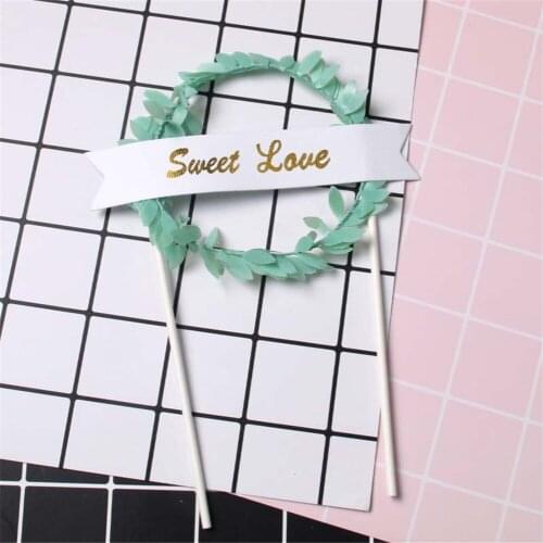 1Pc Blue Artifiacial Flower Green Leaves Pearl Wreath Cake Topper Dessert Decoration for Wedding Birthday Party Lovely Gift