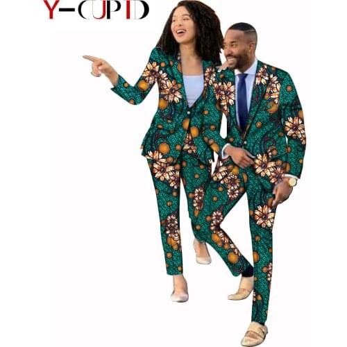 African Clothes for Couples Bazin Riche Women Ankara Suits Matching Men Outfits Print Top Jackets Blazer and Pants Sets YS20C021