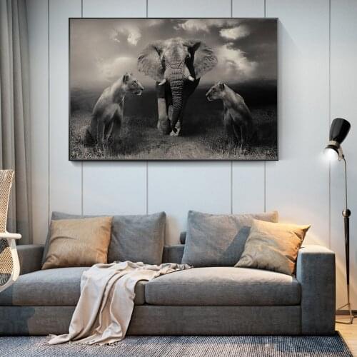 African Wild Lions and Elephant Canvas Art Posters and Prints Black And White Animals Art Paintings on the Wall Art Pictures