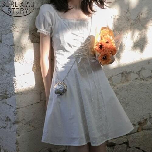 White Dress Women 2021 Summer Dress Korean Retro Square Collar Mini Dresses New Super Fairy Sweet Princess Solid Vestido 14674