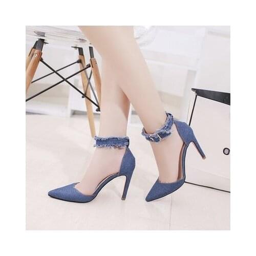 Fine heel Sandals Female Summer New Fashion In Korean blue For Students lace up fashion Womens Shoes Baotou Heel Sandals