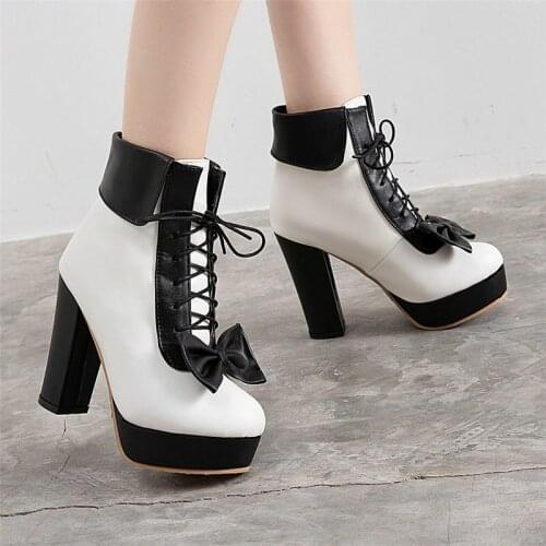 COOLULU Lace Up Bow Ankle Boots Women Cute Winter Boots Platform High Heel All Match Women Boots Shoes Green Lolita Boots Shoes