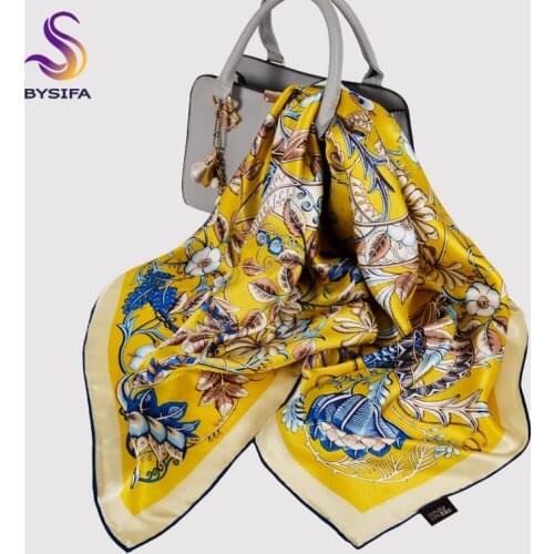 BYSIFA|Lemon Yellow 100% Silk Scarf Shawl Elegant Ladies Floral Design Square Scarves Spring Fall Women Neck Scarf Hijab 90*90cm